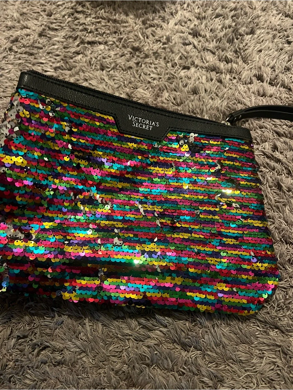 Victoria's Secret black Multicolor rainbow Sequin Cosmetic Pouch make up bag NEW